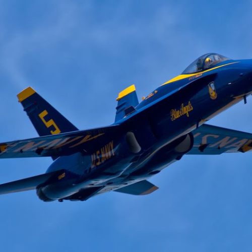 Blue Angel jet in the sky during Seafair Weekend on the Argosy Cruises Viewing Cruise