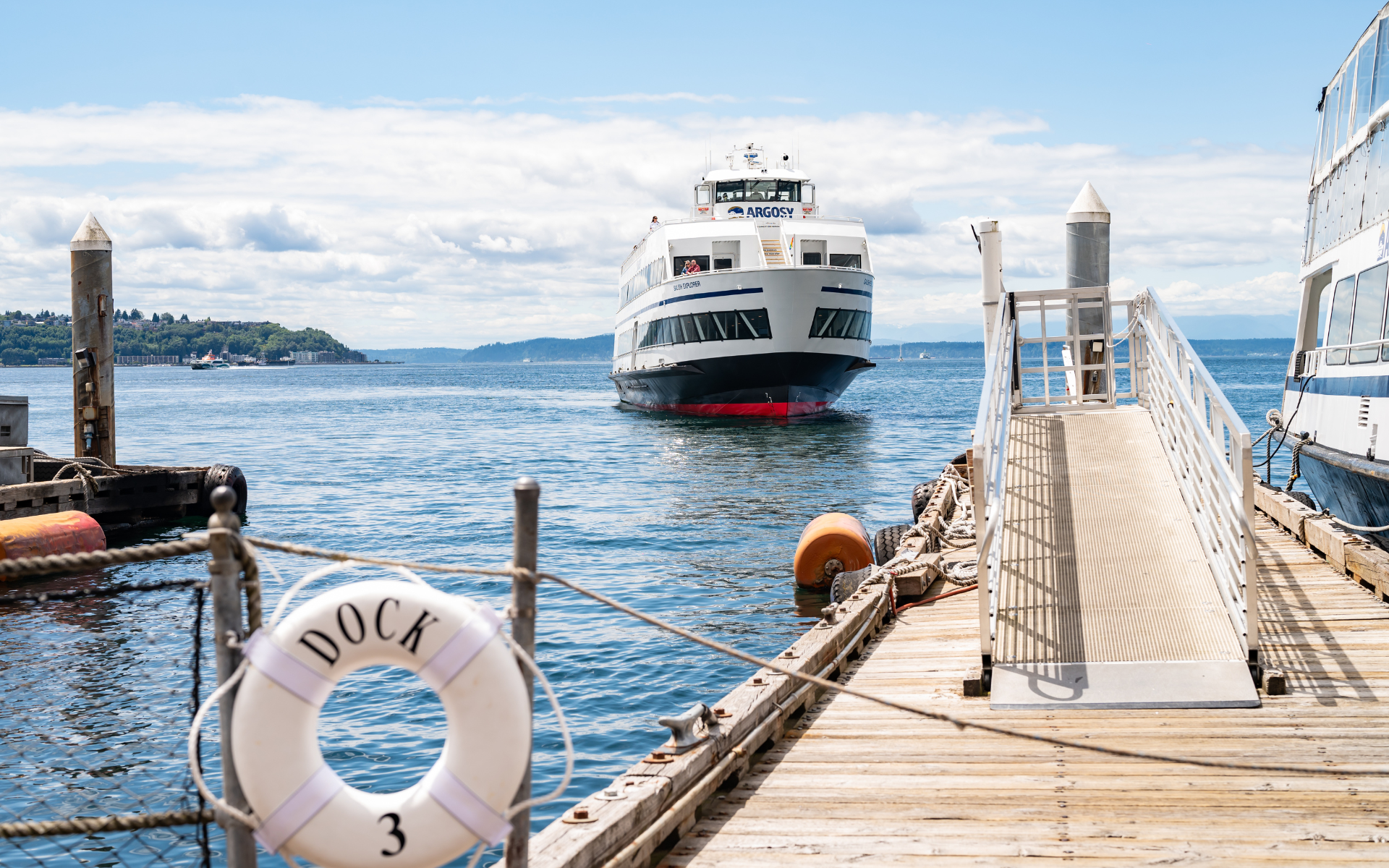 A large white and blue ferry approaches a wooden dock. A 'DOCK 3' life preserver hangs on a post in the foreground, under a cloudy sky.