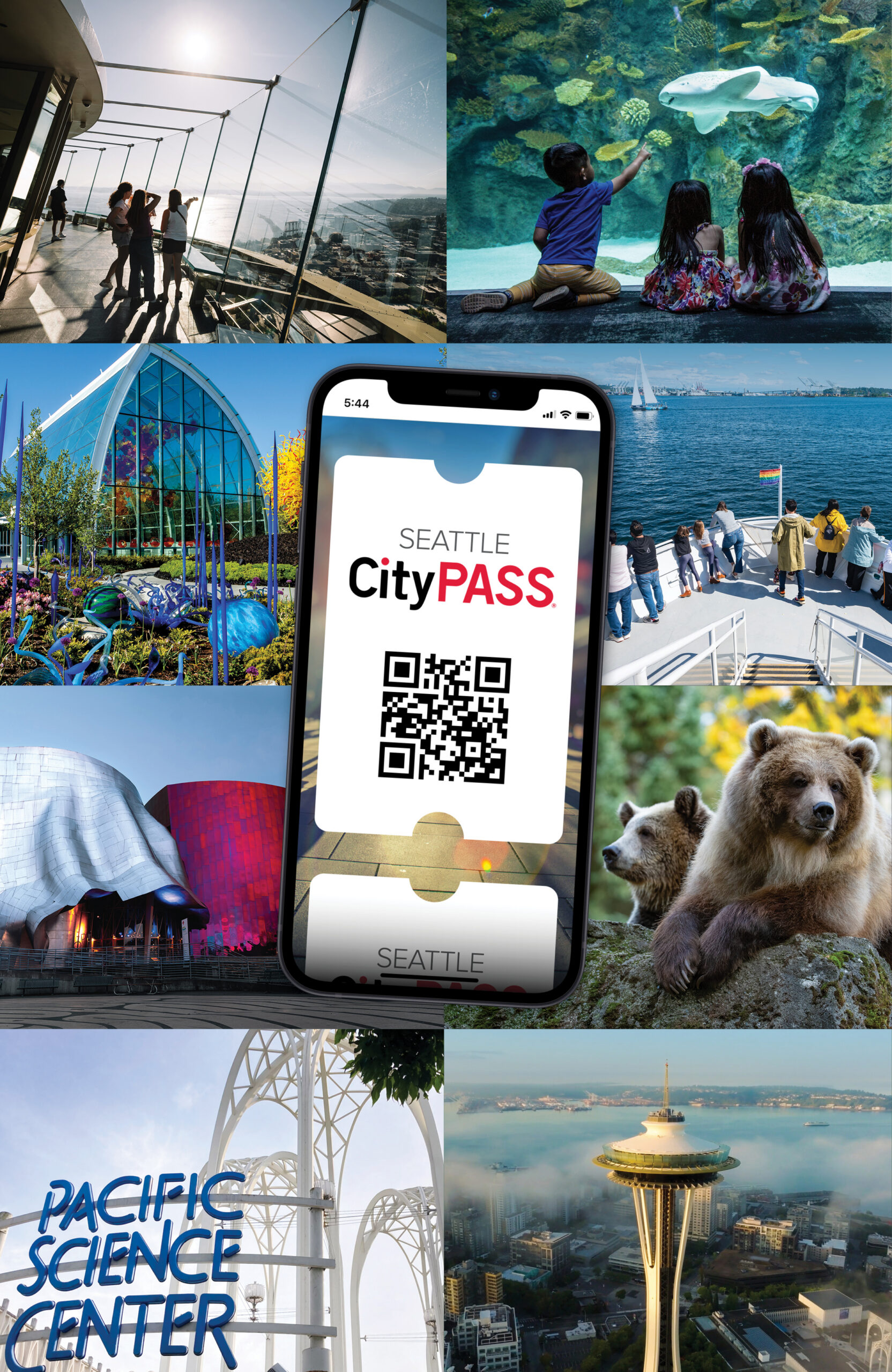 Seattle CityPASS mobile app displaying a white digital ticket with a scannable QR code centered on a dark smartphone screen.