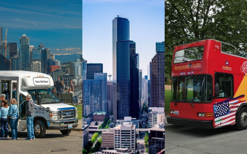 Three panels: a white shuttle bus and people, the Seattle skyline with skyscrapers, and a red double-decker tour bus.