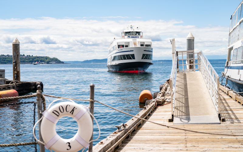 A large white and blue ferry approaches a wooden dock. A 'DOCK 3' life preserver hangs on a post in the foreground, under a cloudy sky.